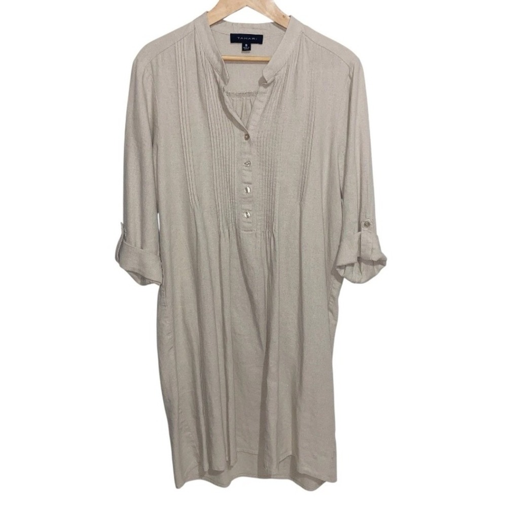 Tahari Natural Beige Linen Blend Shirt Dress Womens XS Coastal Grandma Summer